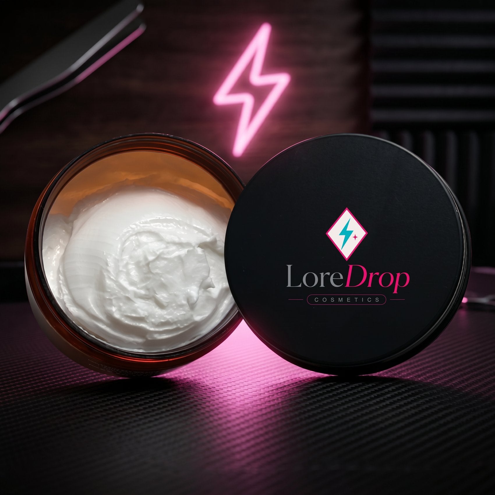 Men's Face Moisturizer on a carbon fiber counter with neon pink lighting